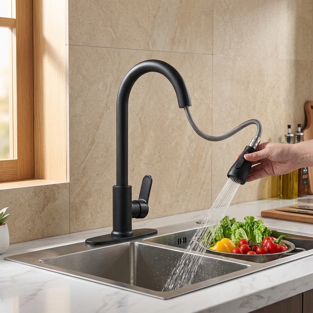 Torneira de Cozinha Monocomando com Duchinha Flexível e Bico Articulado – Arejador em Aço Inoxidável Fosco