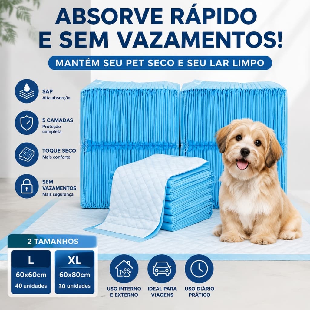Fraldas Absorventes Descartáveis ​​para Cães e Filhotes – Tapete Higiênico com Superfície de Secagem Rápida