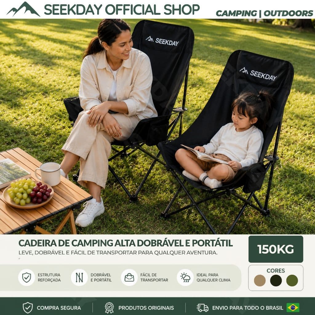 Seekday Cadeira de Praia Dobrável Reforçada 150kg Encosto Alto Portátil para Camping Pesca e Lazer