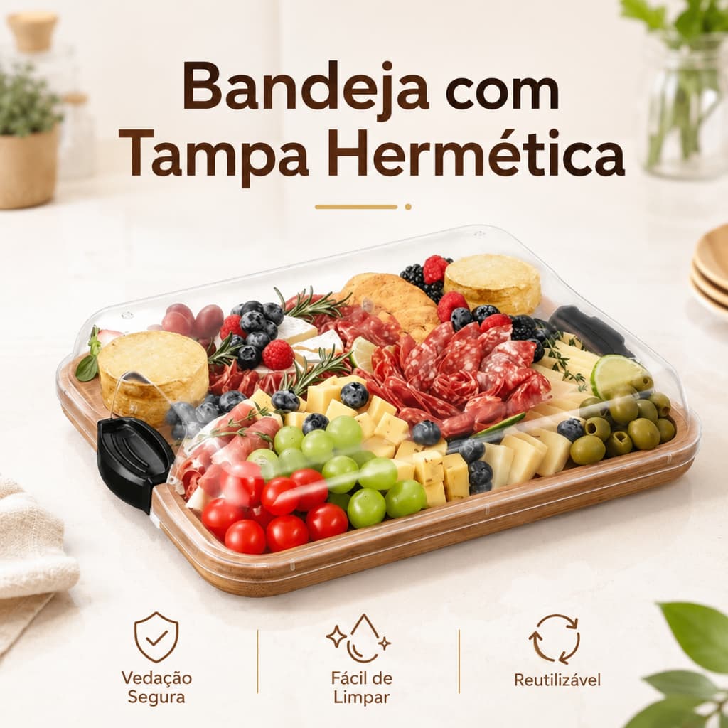 Bandeja de Bambu com Tampa Hermética e Travas, Tábua para Frios Queijos Petiscos e Organização de Geladeira