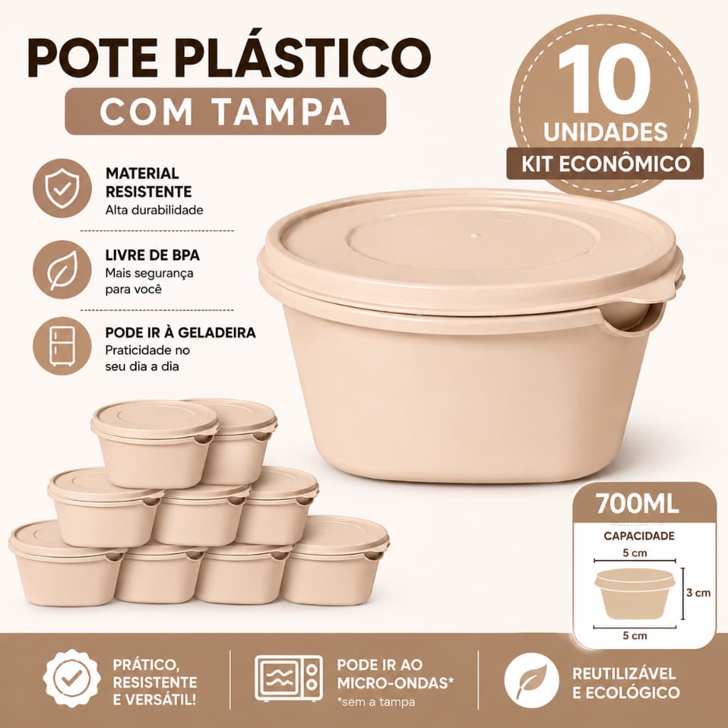 Conjunto 10 Potes 700ml com Tampa Empilhável Porta Mantimentos Organizador de Cozinha