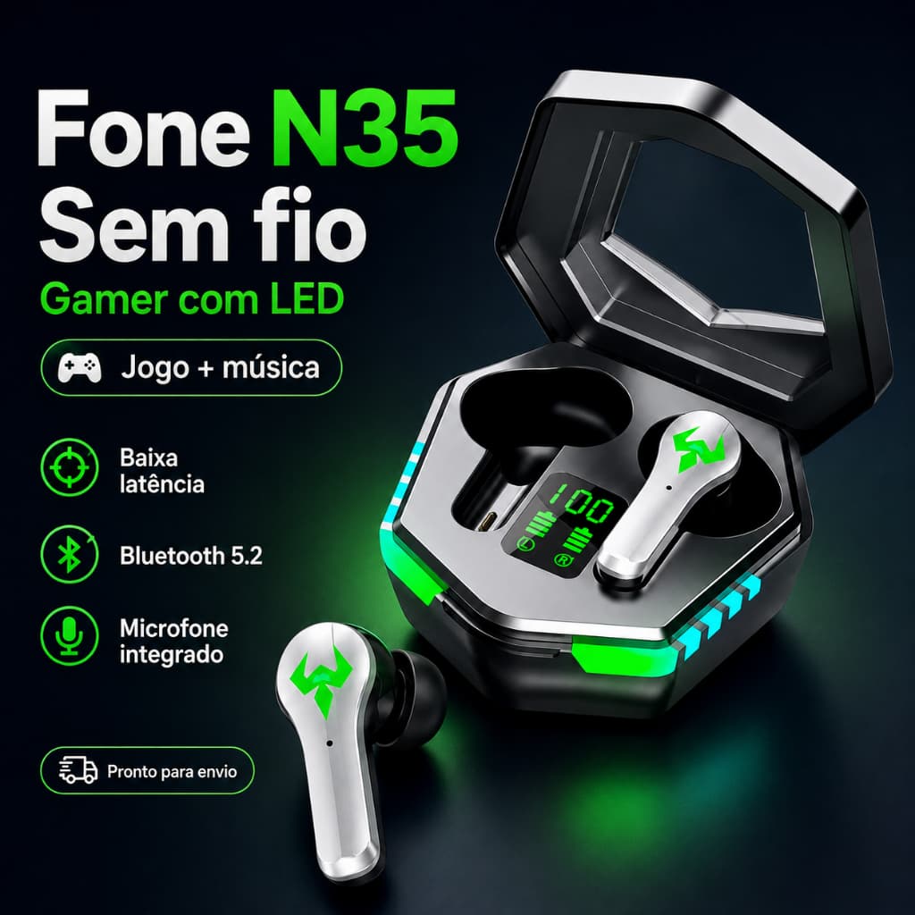 Fone Sem Fio N35 - Modelo 2026 Gamer Sem Fio Com Painel LED e Microfone