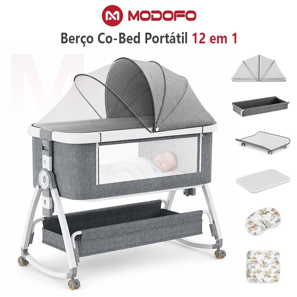 Berço Co-Bed MODOFO Portátil Bebê Moisés 12 em 1 com Trocador Balanço Mosquiteiro e 6 Alturas