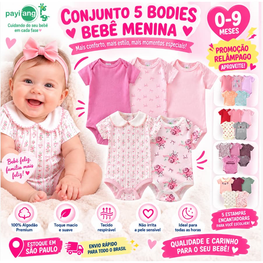 Kit 5 Bodies Bebê Menina 100% Algodão Manga Curta Floral Laço Roupa Infantil Recém-Nascida 0 a 9 Meses