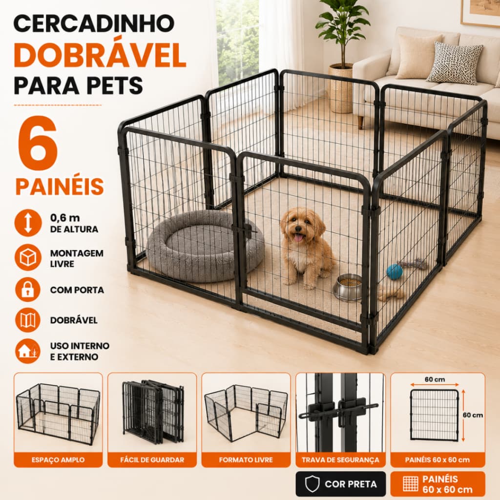 Cercadinho Cachorro Grande Dobrável 6 Painéis 60cm com Porta | Cercado Pet Metal para Cães e Gatos Interior Exterior