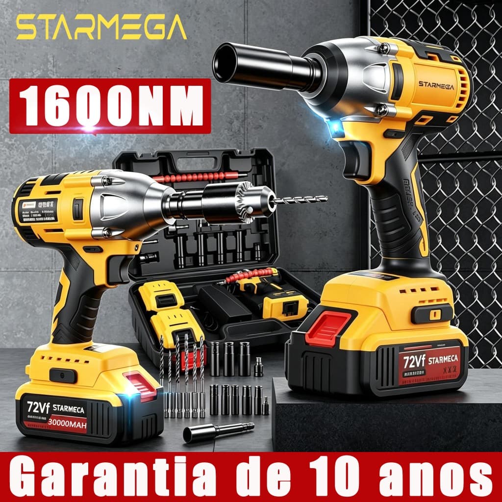 Chave De Impacto Parafusadeira Furadeira Portátil 1/2" 1600NM Com 2 Baterias Maleta Sem Fio Soquetes