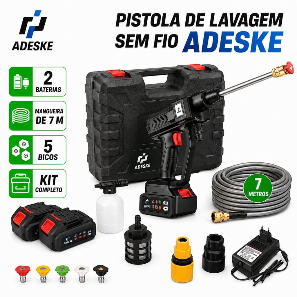 ADESKE Pistola de Lavagem Sem Fio Alta Pressão 2 Baterias Mangueira 7M 5 Bicos Kit Completo Lava Carro Moto Jardim