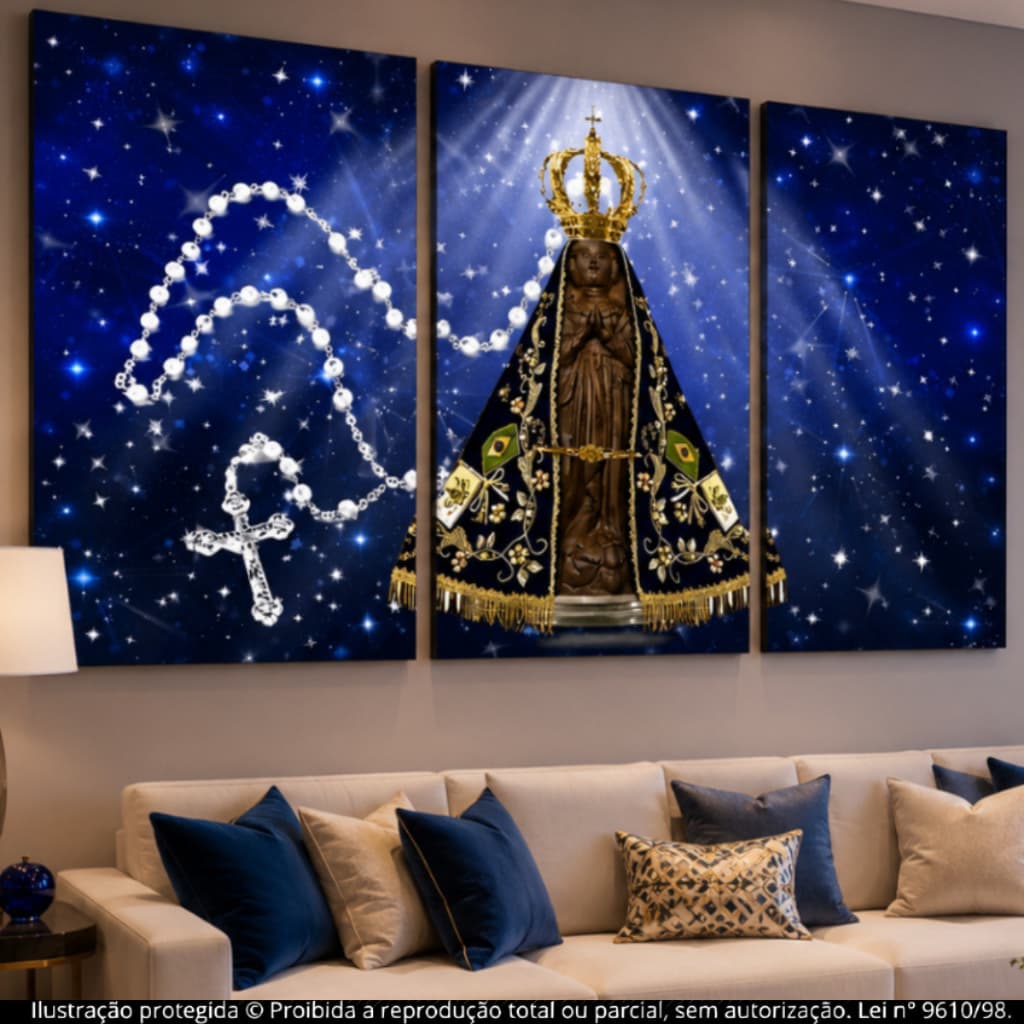 Kit Quadro Decorativo 3 Peças Nossa Senhora Aparecida Terço Arte Sacra Religiosa Estrelado Católica