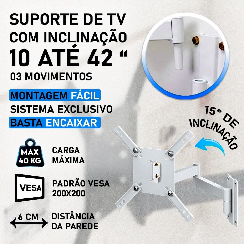 SUPORTE TV 10 20 30 42 VESA 200X200 ARTICULADO PAREDE 4 MOVIMENTOS BRANCO