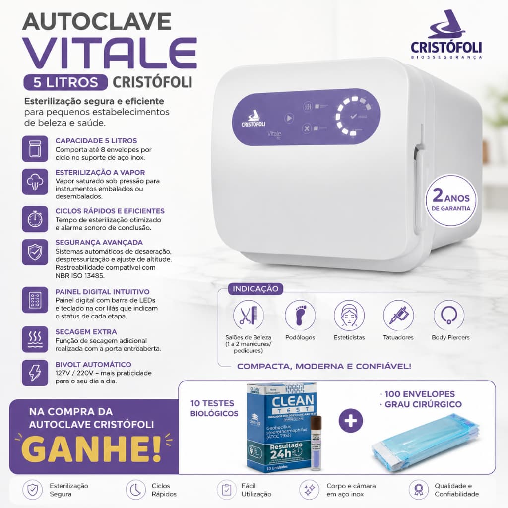 Autoclave Vitale 5 Litros Cristófoli Bivolt Original + NF | Esterilizador para Manicure, Estética, Tattoo e Podologia