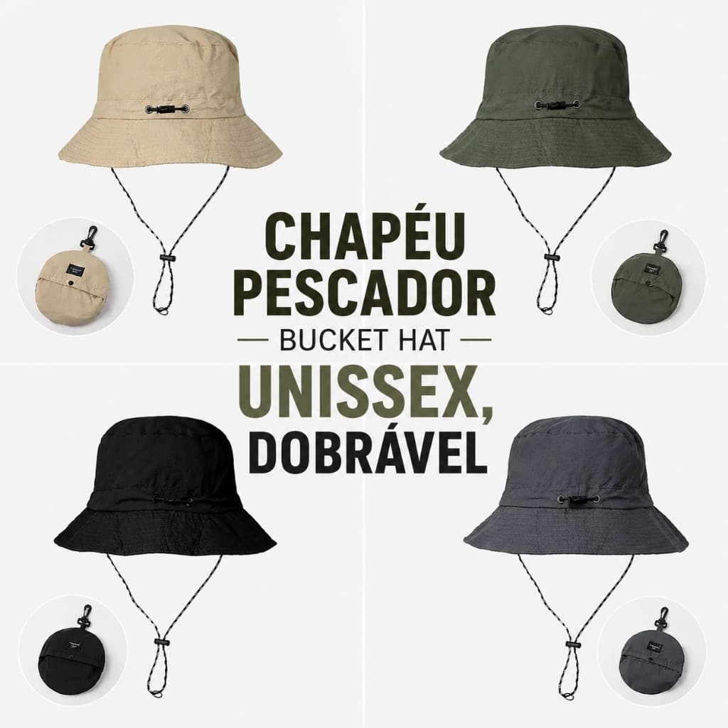 CHAPÉU PESCADOR BUCKET HAT PROTEÇÃO UV SECAGEM RÁPIDA REGULÁVEL, C/ CORDÃO. VIRA BOLSA DOBRÁVEL C/ GANCHO PARA PENDURAR