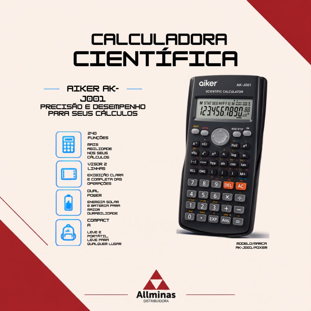 Calculadora Científica Aiker AK-J001 240 Funções Visor 2 Linhas Escolar Faculdade Profissional