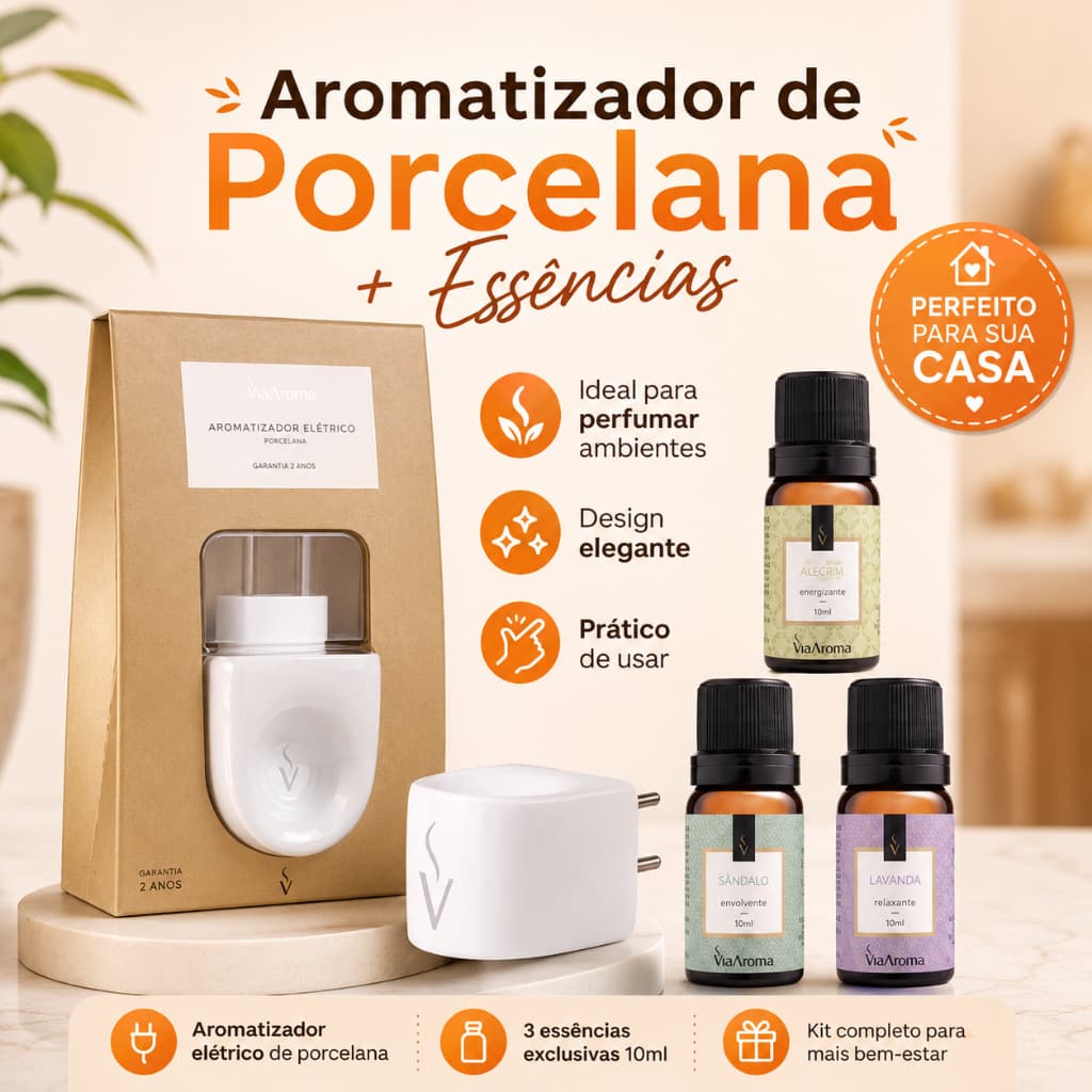 Kit Via Aroma: Aromatizador difusor Porcelana  +  Essência 10ml (Escolha a Fragrância)