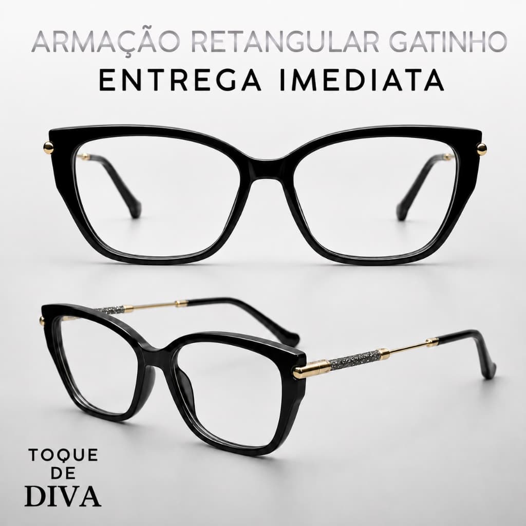 Armação De Óculos De Grau Feminino Quadrada Gatinho Preto Haste Dourada com Brilho