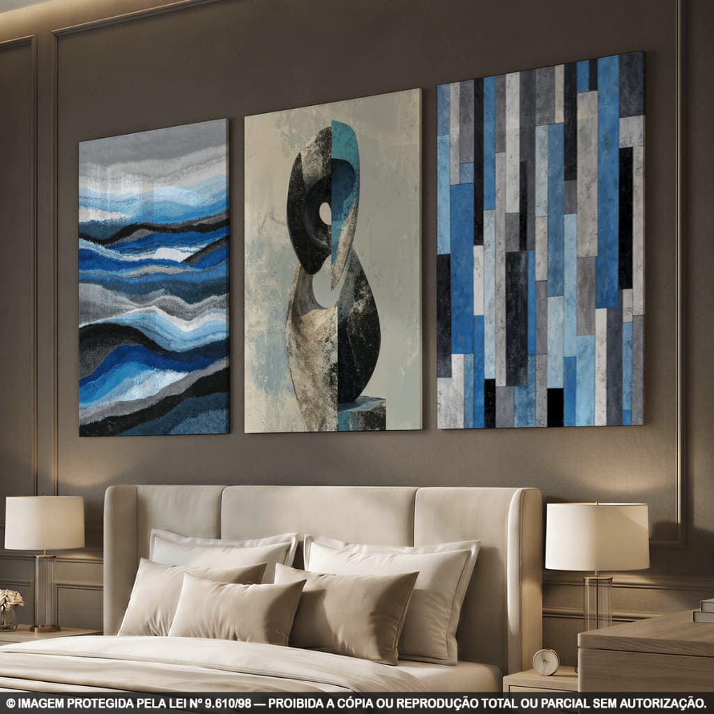 Kit 3 Quadros Decorativos Abstratos Azul, Cinza e Preto com Escultura Moderna para Sala
