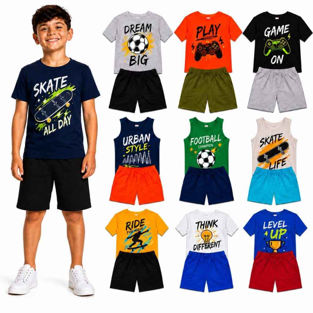 Kit 6 peças Conjunto Verão 3 Camisetas + 3 Bermudas Infantil Masculino/Menino Estampa Sortida