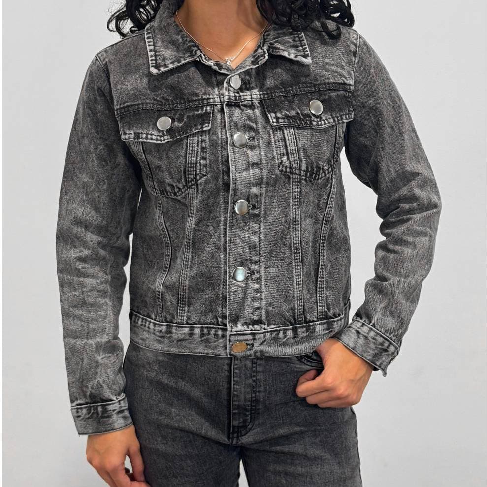 Jaqueta Jeans Feminina Grafite Cropped Manga Longa Casual Moda