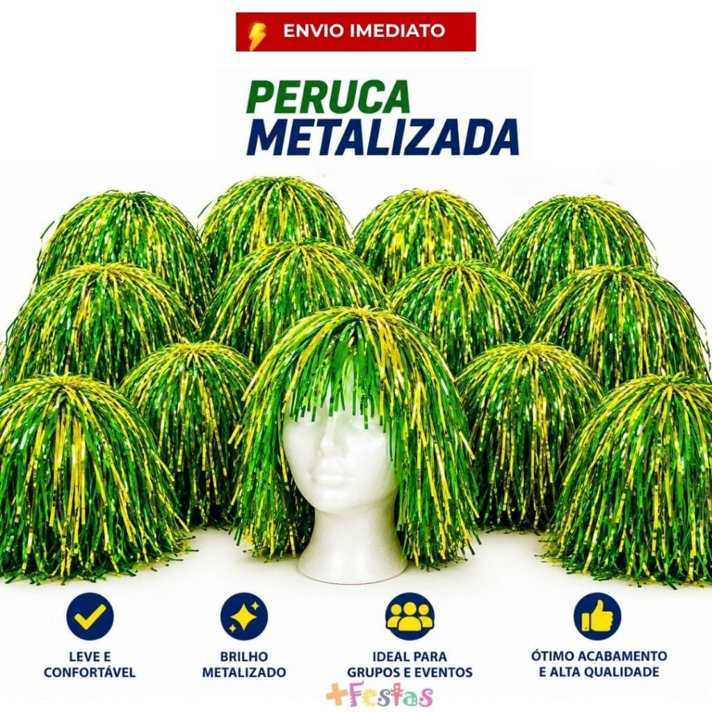 Kit 10/20/30 Peruca Metalizada Brasil Verde e Amarela Passeata Torcida 7 de Setembro Eventos