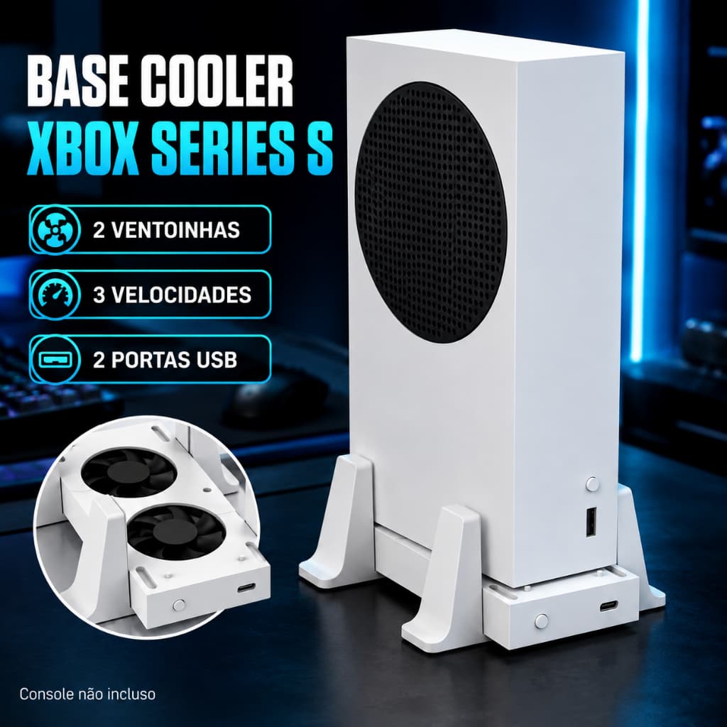 Base Cooler Suporte Vertical para Xbox Series S 2 Ventoinhas 3 Velocidades 2 USB