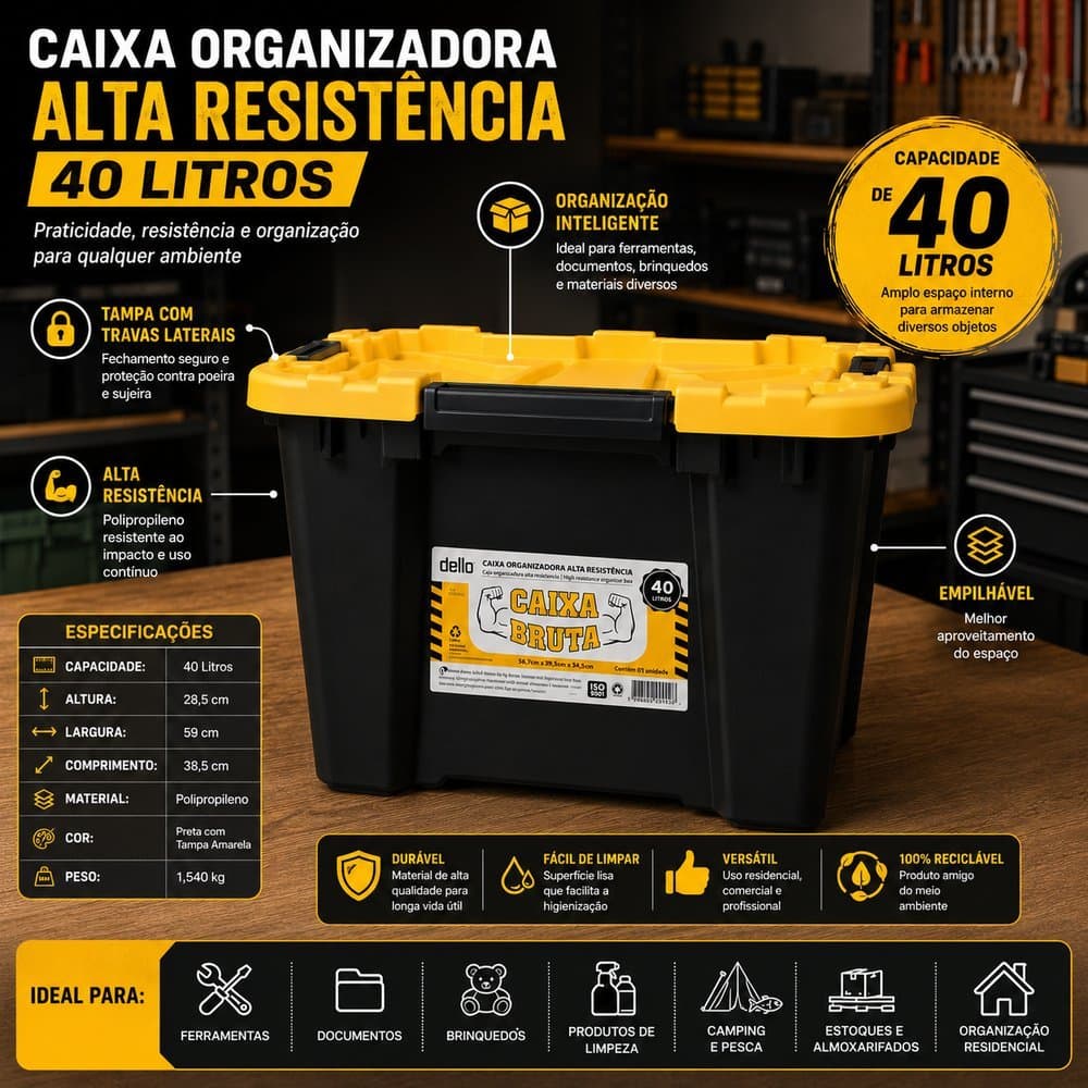 Caixa Organizadora com Tampa Alta Resistência 40 Litros - Preta