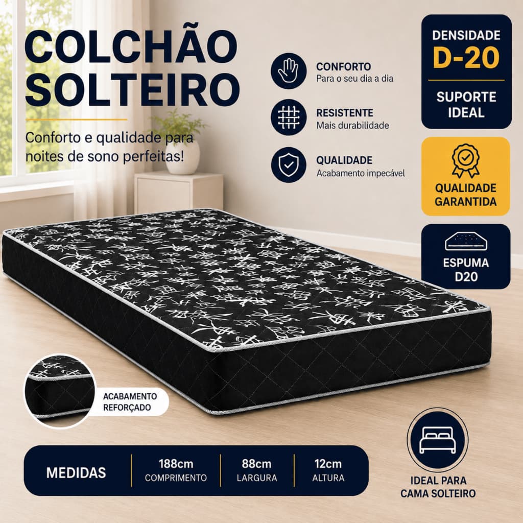 Colchão Solteiro 188x88 Preto para Cama de Solteiro Para Quarto