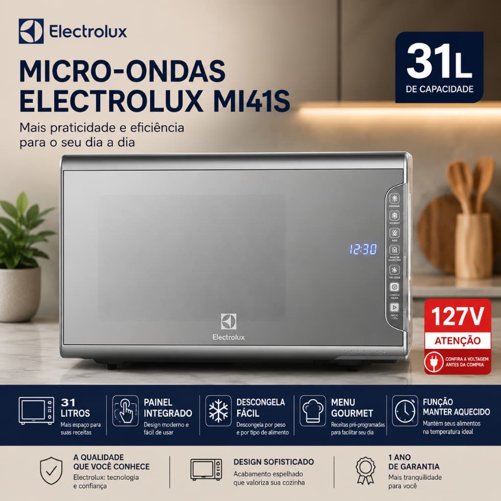 Microondas Electrolux 31 Litros MI41S Inox Espelhado Painel Digital 127V