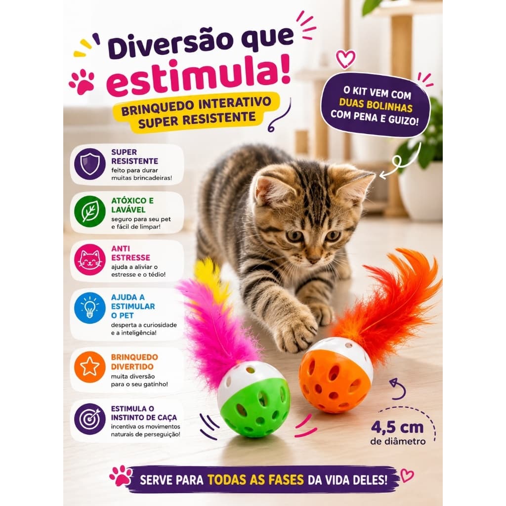 Kit 2 Bolinhas Interativas Penas Guizo Gatos Calopsita Pets 4,5cm – Diversão Estímulo Antiestresse Resistente Colorida
