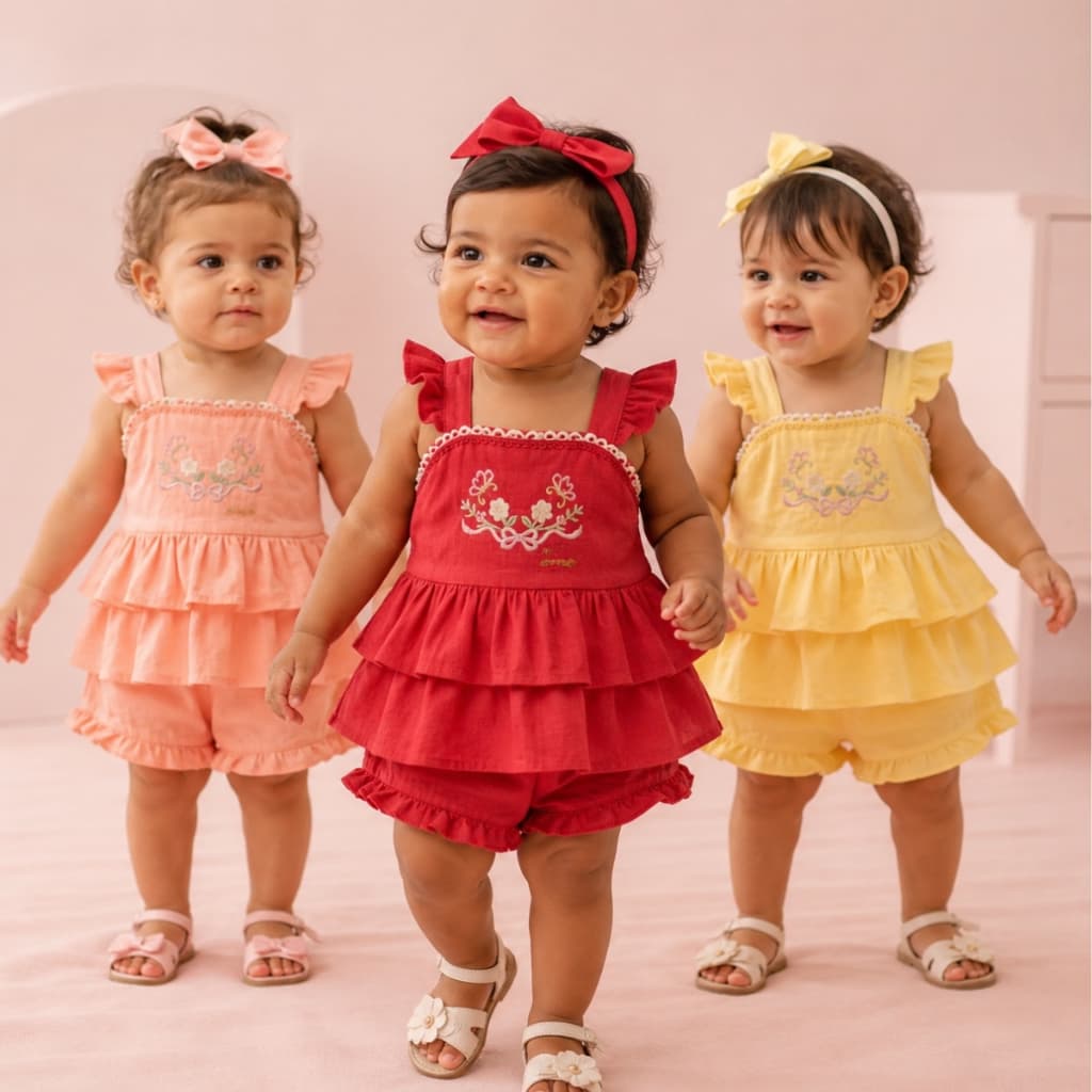 Conjunto Infantil Menina Bata Bordada + Short Colorido Confortável Criança Conjuntinho Para Bebes
