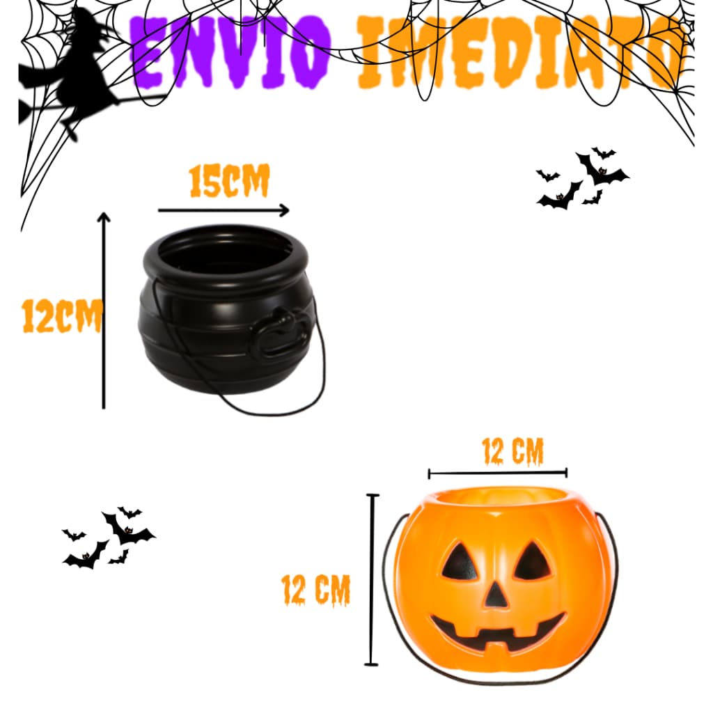 Kit 2 Baldes Halloween Decorativos – Abóbora, Fantasma e Monstrinhos para Doces e Lembrancinhas