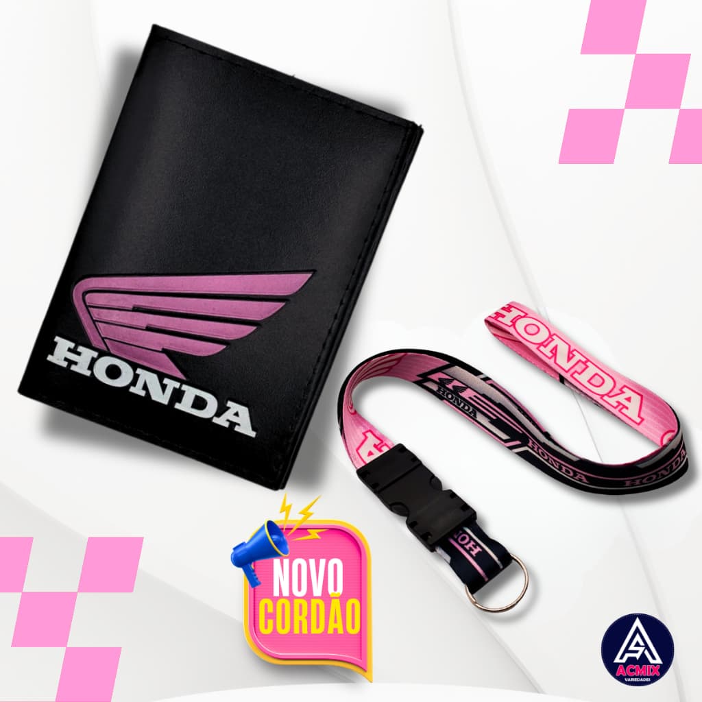 Kit Carteira Porta Documentos Moto Honda Logo Rosa + Cordão Pescoço Engate Rápido Honda Rosa