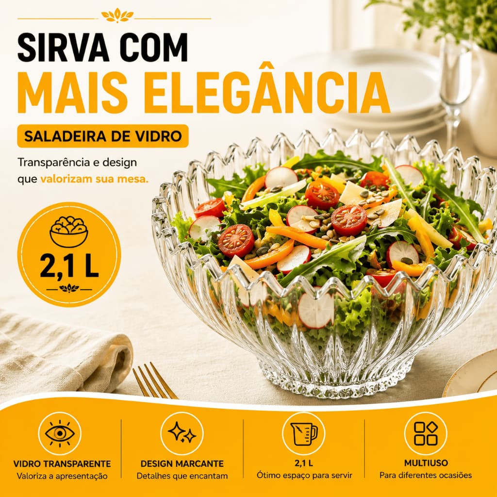 Saladeira de Vidro Brazilia 23cm 2,1L Bowl Tigela Salada Frutas Sobremesas Mesa Posta ENVIO IMEDIATO