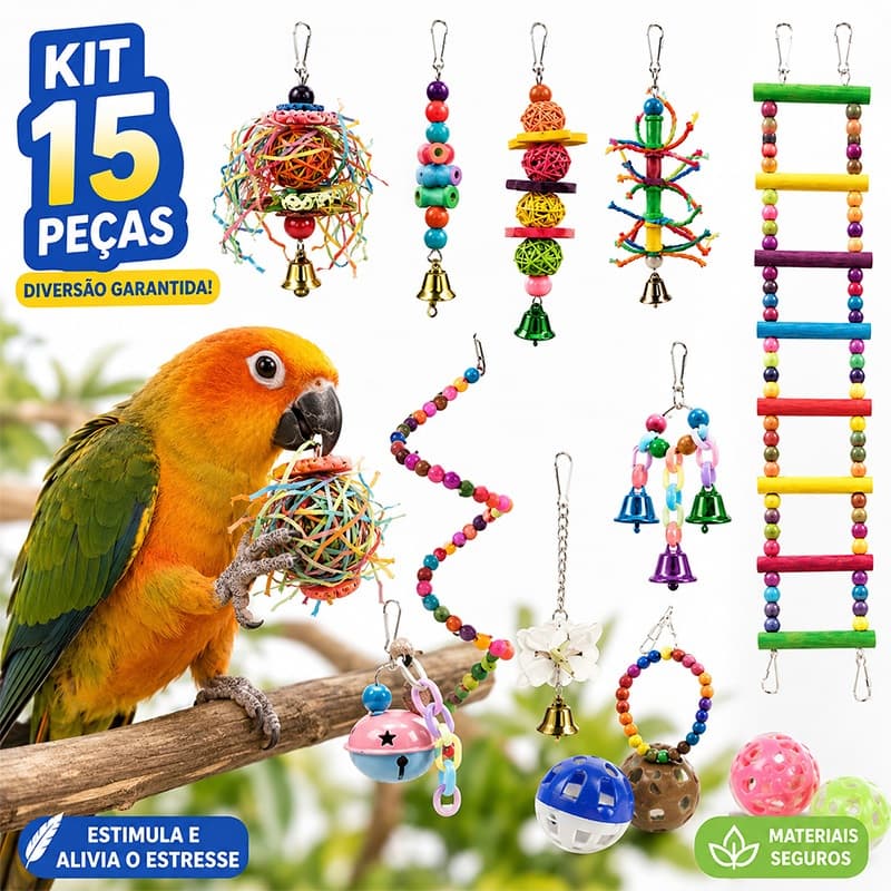 Kit Brinquedos para Calopsita 15 Peças para Gaiola com Balanço Escada Sino Macramê Mordedor para Pássaros