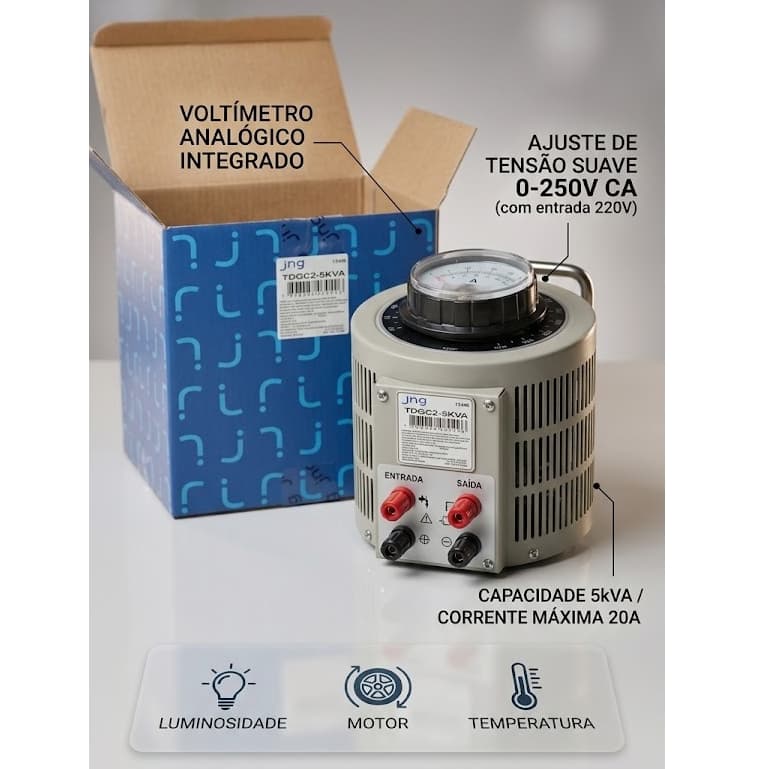 Variac Regulador de Tensão Manual JNG TDGC2-5KVA 20A (0-250V) Monofásico Entrada 220V - Para Oficina e Laboratório