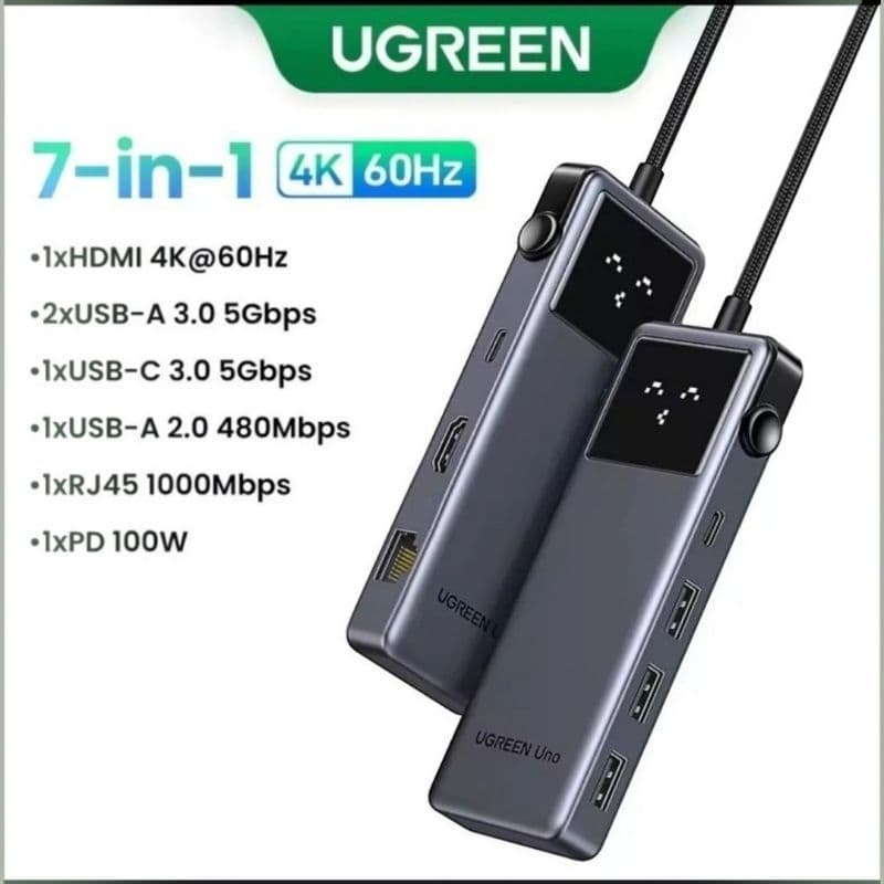 Hub USB-C UGREEN Uno 7 em 1 HDMI 4K 60Hz RJ45 Gigabit PD 100W USB 3.0