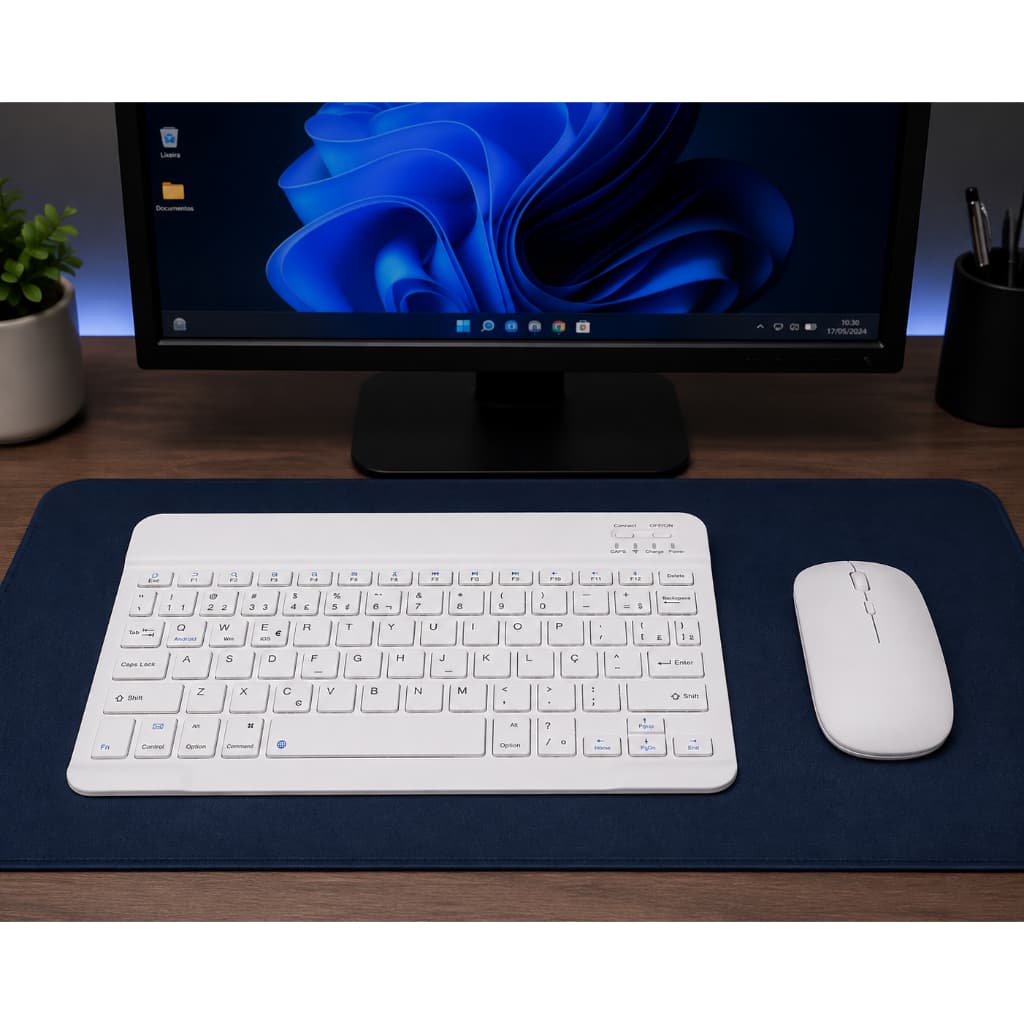 Mini Teclado E Mouse Bluetooth Sem Fio Compaos Tecla Macia Preto Preto