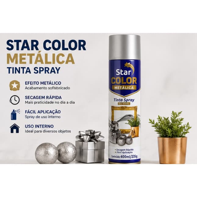 Tinta Spray Star Color Metálica Prata 400ml – Secagem Rápida Uso Interno