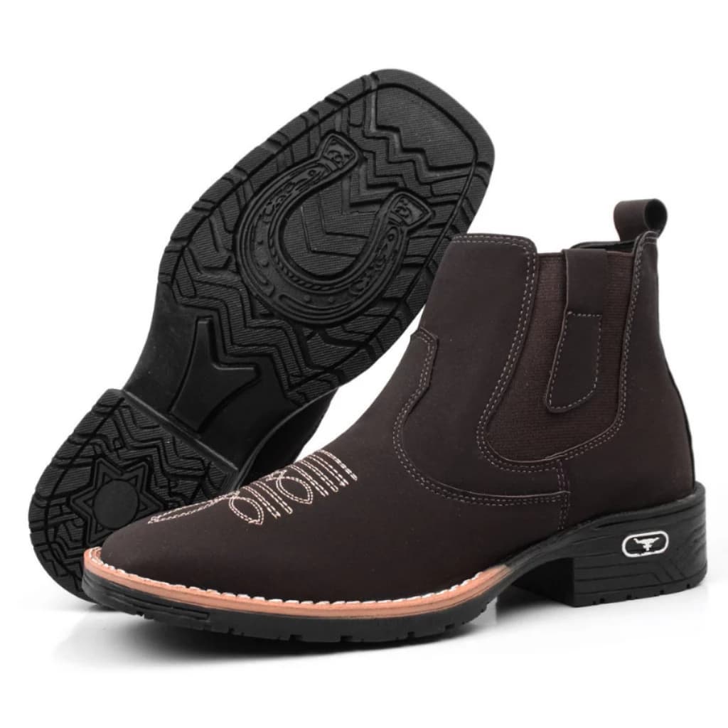 Bota Masculina em Couro Country Texana Botina Cano Curto Bico Quadrado