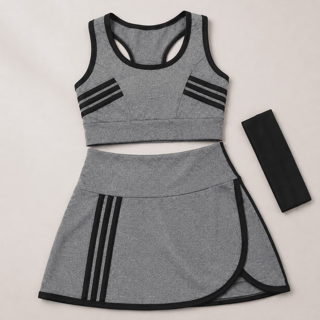 Conjunto Fitness Feminino Cinza Top e Short Saia + Faixa de Cabelo Cintura Alta Academia Treino Corrida Beach Tennis