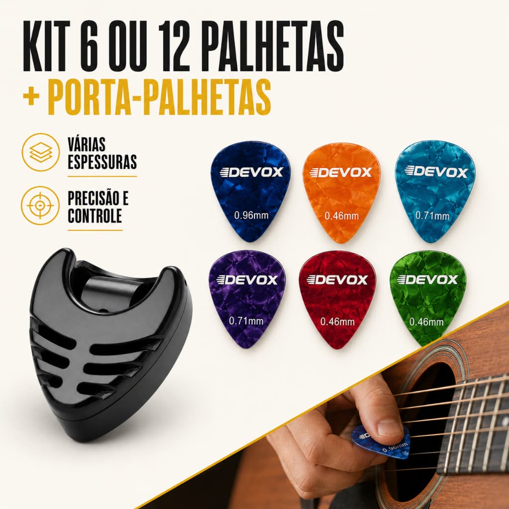 Kit 6 ou 12 Palhetas Devox e Porta Palhetas para Violão e Guitarra Várias Gramaturas