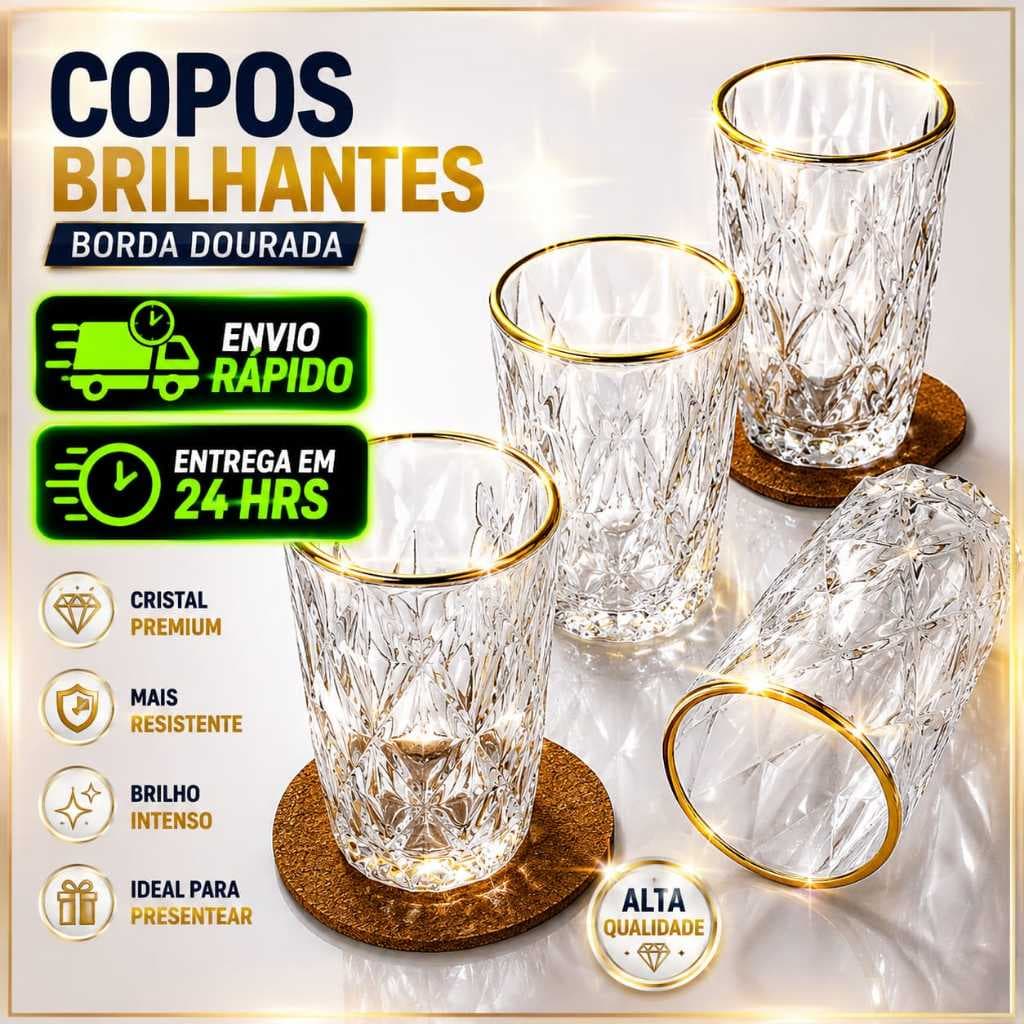 Kit 6 Copos Diamond com Borda Dourada 350ml