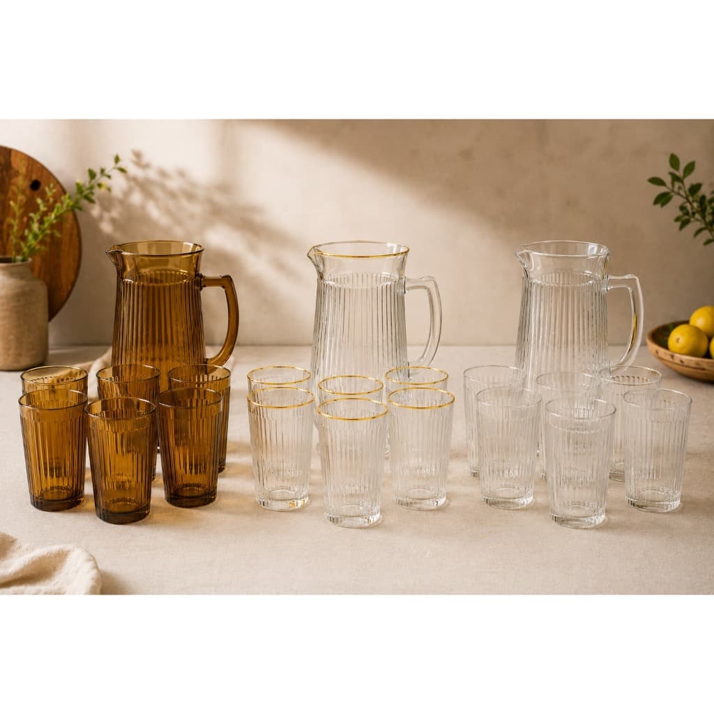 Jogo de Jarra de Vidro 1 Litro com 6 Copos 265ml – 7 Peças – Âmbar, Transparente ou Borda Dourada