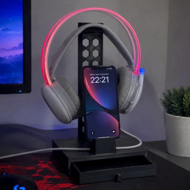Suporte Headset, 3 em 1 para Celular ou Controle PS5/Xbox com Gaveta Organizadora