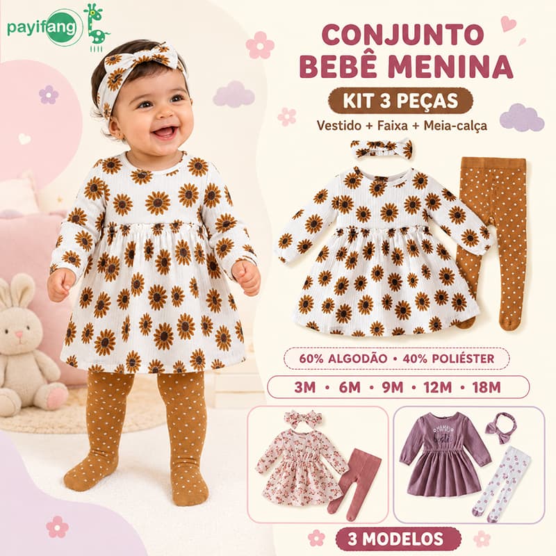 Vestido Bebe Menina Payifang Conjunto 3 Peças Manga Longa com Faixa e Meia-Calça Roupa de Frio 3M a 18M