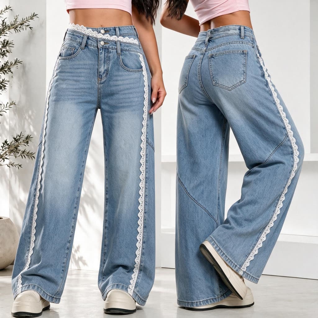 Calça Jeans Feminina Wide Leg Cintura Alta com Renda Lateral Pantalona Perna Larga Moda Casual