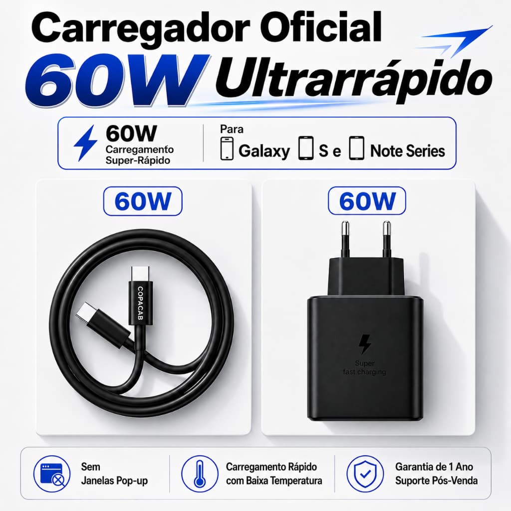 Carregador Fonte 60W USB-C PD Turbo Super Rápido com Cabo Tipo C para Tipo C para Samsung Galaxy S22 23 24 25 26 Série A