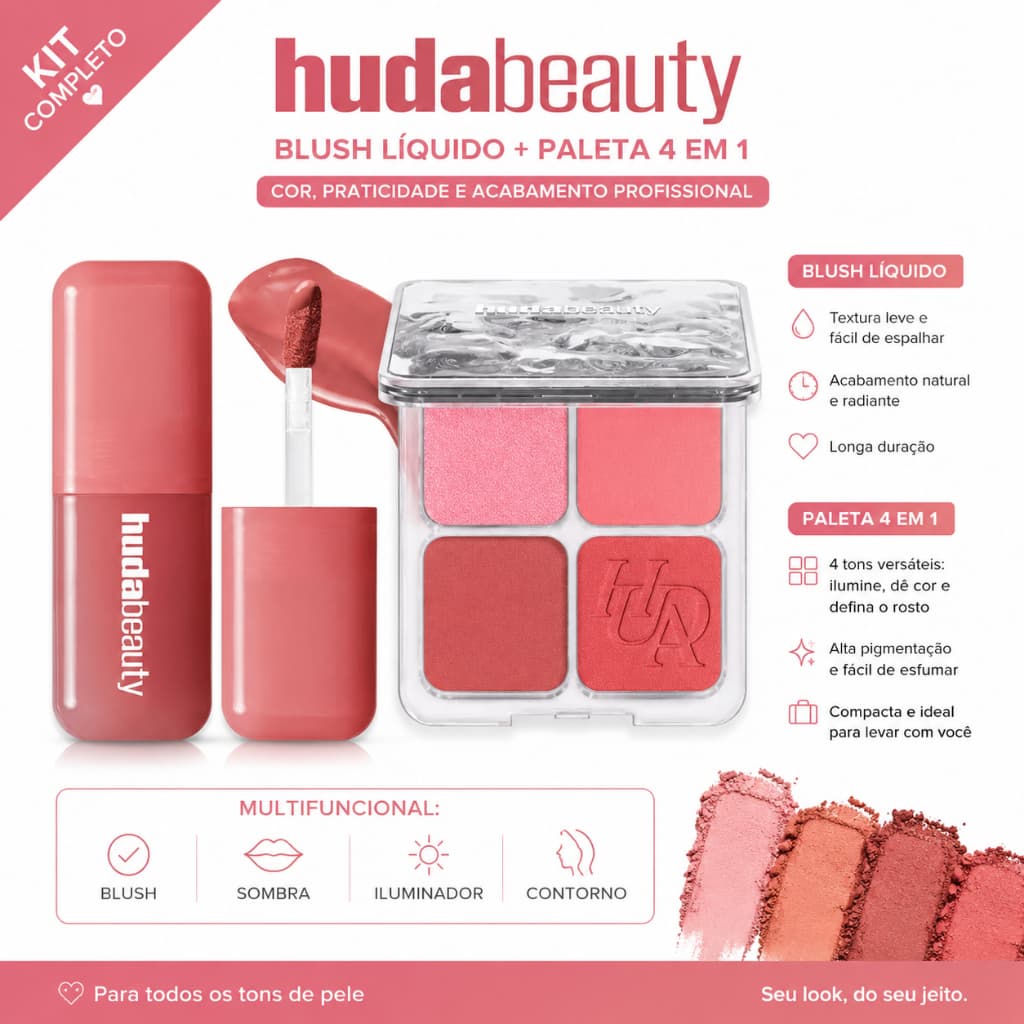Kit Huda Beauty Blush Líquido + Paleta Blush Filter 4 Cores Original