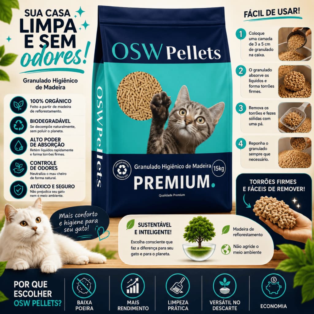 Granulado Higiênico de Madeira PREMIUM 15KG Biodegradável Alta Absorção Anti Odor - Envio Imediato