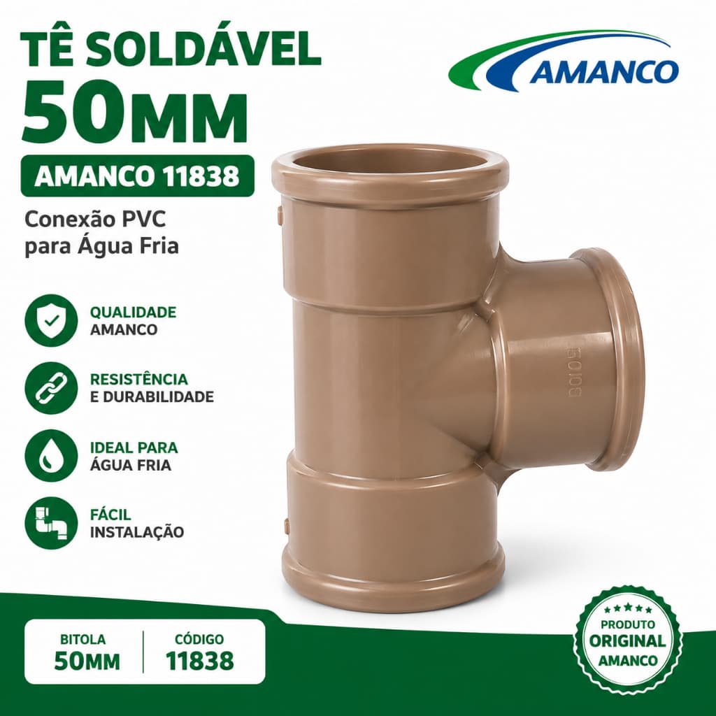 Tê Soldável 50mm Amanco Conexão PVC Água Fria Hidráulica Encanamento Original