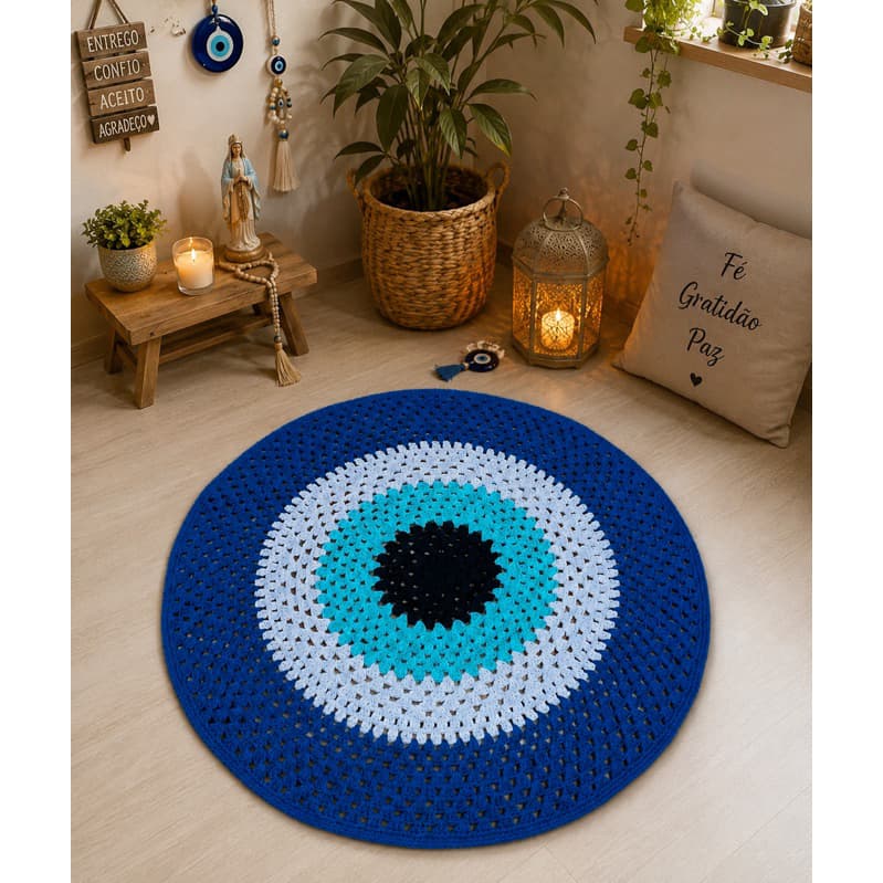 Tapete de Crochê Olho Grego 70cm Tapete Redondo de Crochê, Olho Turco Nazar Tons de Azul Feito à Mão Fio Algodão