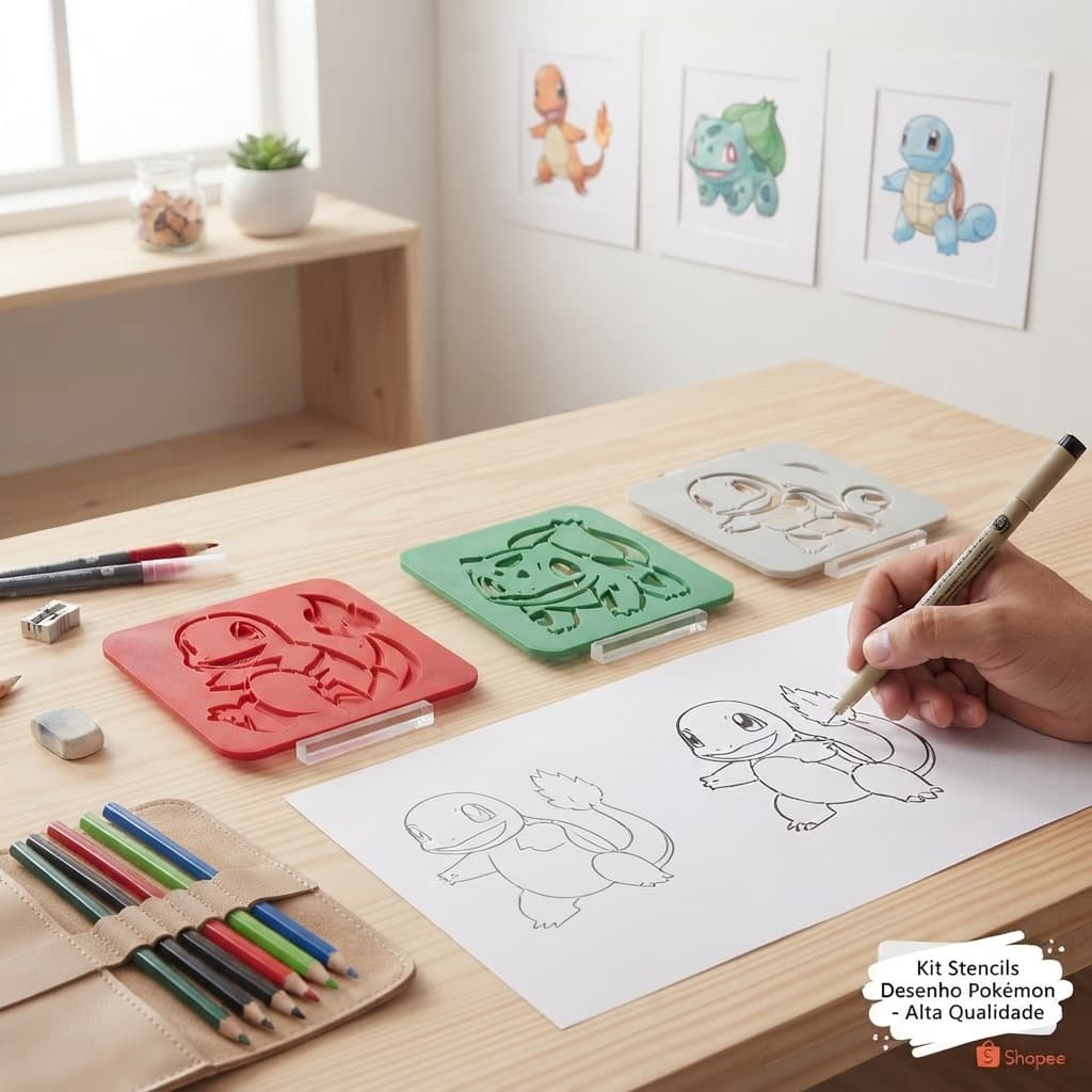 Kit 3 Estêncil Pokémon para Desenho e Pintura Infantil Artesanato DIY Moldes Reutilizáveis 9x9cm Stencil